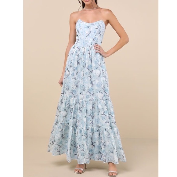 Lulus Dresses & Skirts - NWT Lulus Special Moment Light Blue Floral Strapless Bustier Maxi Dress XS